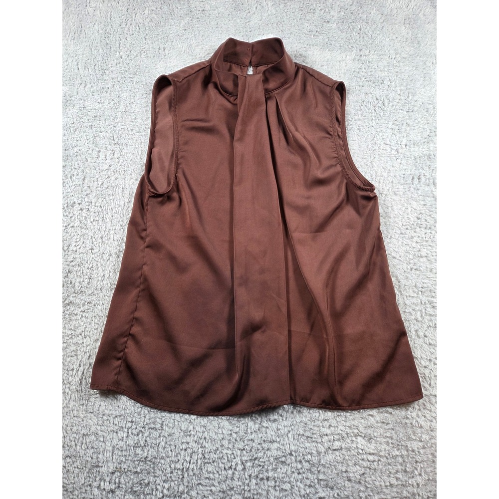 Sleeveless Mock Neck Pleated Shell Top Brown Womens Blouse Pleated Elegant Chic
